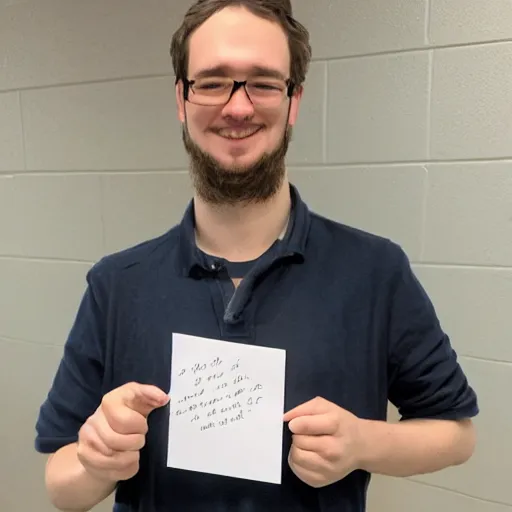 Image similar to mr. pregnant gamer holding a hand written apology letter for his last prompt