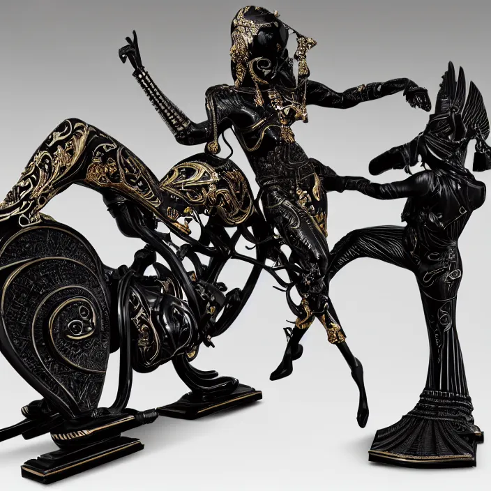 Image similar to fine art statue of masculine black egyptian god on a surrealist motorcycle, ebony art deco, carved black marble, inlaid with ebony and gold accents, ebony rococo, wings black lace wear, sculpted by spider zero, zaha hadid, beautifully lit, hyper detailed, intricate, elite, ornate, photorealistic, micro details, 3 d sculpture, ray trace