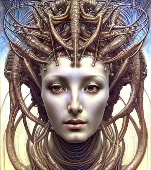 Image similar to detailed realistic beautiful young cher alien robot as queen of andromeda galaxy portrait by jean delville, gustave dore and marco mazzoni, art nouveau, symbolist, visionary, baroque, giant fractal details. horizontal symmetry by zdzisław beksinski, iris van herpen, raymond swanland and alphonse mucha. highly detailed, hyper - real, beautiful