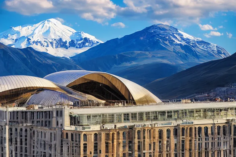 Image similar to architecture photo modern fachwerk giant opera building settlement with Elbrus mountain on the background, architecture, photorealism 8k , shining and happy atmosphere, uplight, high details