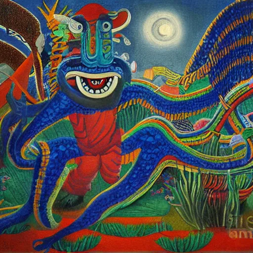 Image similar to high quality, high detail painting, dutch masterpiece, fluxus, blu, film noir, william s burroughs, high garden scene with quetzalcoatl at night, hd, muted lighting