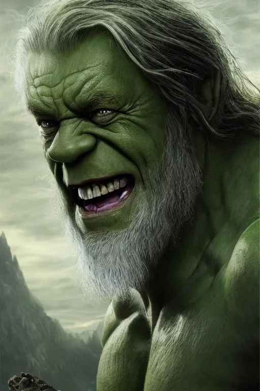 Prompt: the hulk starring as gandalf in lord of the rings, oil on canvas, intricate, 8 k highly professionally detailed, hdr, cgsociety