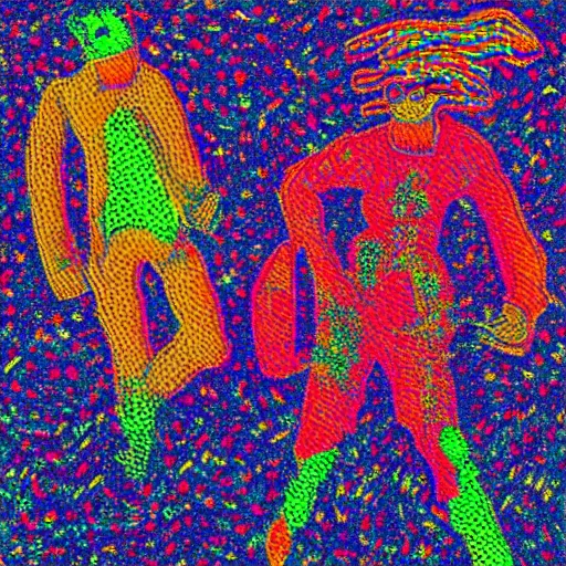 Image similar to ghosts having a fun night on the town, psychedelic colors, in a pointilliste style