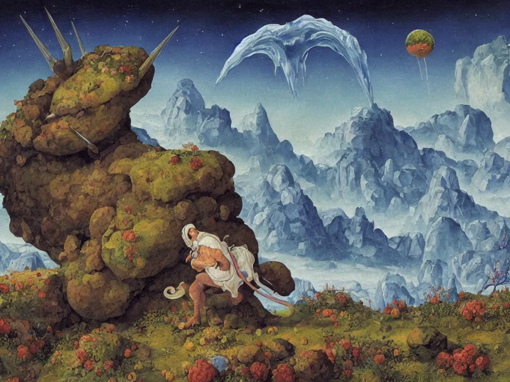 Image similar to Man pushing a giant strange jagged boulder on an alien planet. Unicorn with flower field, icy mountains, comet. Painting by Lucas Cranach, Roger Dean