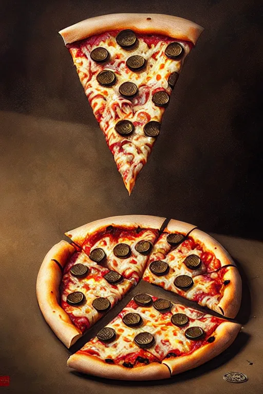 Image similar to pizza by greg rutkowski, giger, maxim verehin