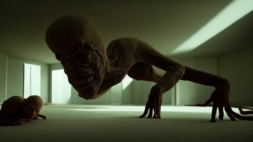 Image similar to a strange creature crawls on the living room ceiling, film still from the movie directed by Denis Villeneuve with art direction by Zdzisław Beksiński, wide lens