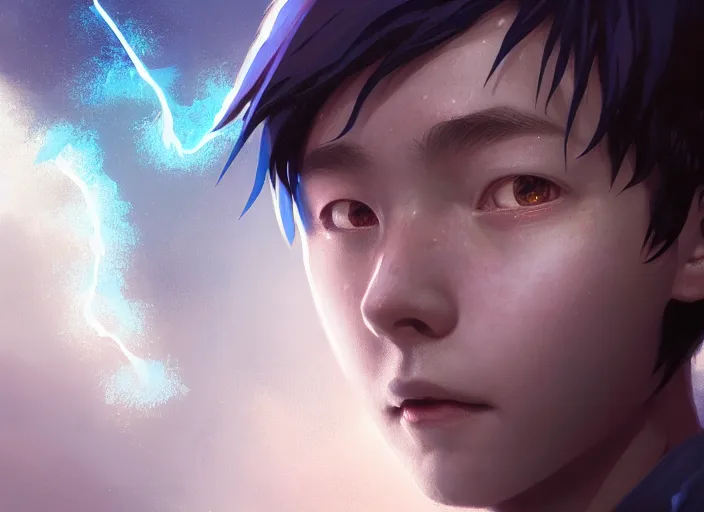 Image similar to highly detailed portrait of a boy with thunder powers, in tokyo ghoul, stephen bliss, 8 k, unreal engine, fantasy art by greg rutkowski, loish, rhads, ferdinand knab, makoto shinkai and lois van baarle, ilya kuvshinov, rossdraws, tom bagshaw, global illumination, radiant light, detailed and intricate environment