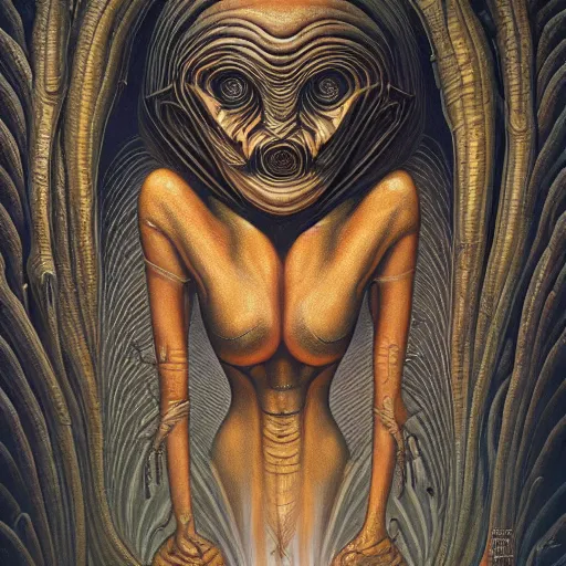 Prompt: female alien Protagonist by jacek yerka, alex gray, zdzisław beksiński, dariusz zawadzki, jeffrey smith and h.r. giger, oil on canvas, 8k highly professionally detailed, trending on artstation