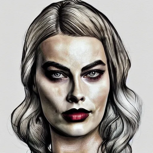 Image similar to face morph tattoo design sketch of margot robbie blended in beautiful mountain scenery, in the style of matteo pasqualin, amazing detail