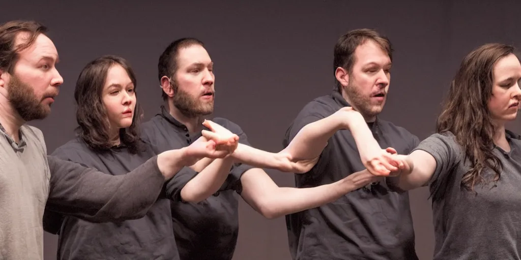 Prompt: a photo from a trio improv show where three performers are doing a scene, hyper realistic, ultra detailed, 8 k, sharp focus, ultra detailed, by leesha hannigan, ross tran, thierry doizon, kai carpenter, ignacio fernandez rios