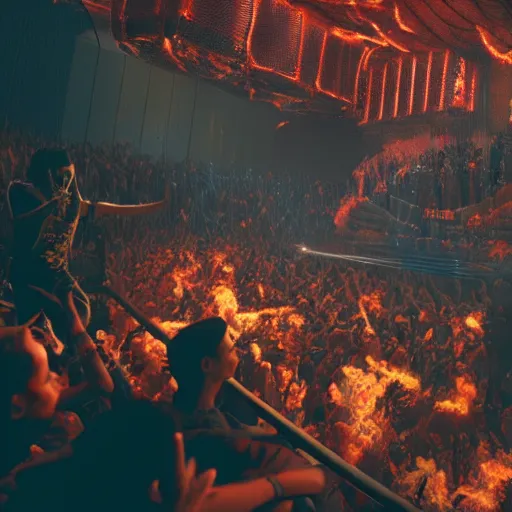 Image similar to a cinematic still of travis scott concert in hell, multiverse, ((octane render, nvidia raytracing demo)), masterpiece