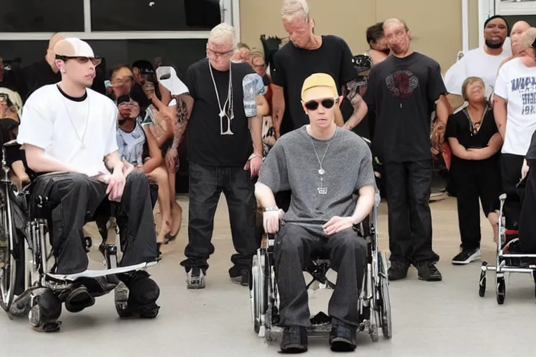 Image similar to eminem perfoming at elderly home before a crowd in wheelchairs