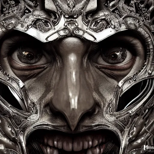 Image similar to Very very very very highly detailed epic photo of demonic face with venetian mask, intricate, dystopian, sci-fi, extremely detailed, digital painting, artstation, concept art, smooth, sharp focus, illustration, intimidating lighting, incredible art by Anton Pieck, Octane render in Maya and Houdini VFX