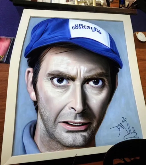 Image similar to medium shot portrait of david tennant as a golfer, white cap, beige and blue overstich, very detailed eyes, hyperrealistic, very detailed painting by Glenn Fabry, by Joao_Ruas