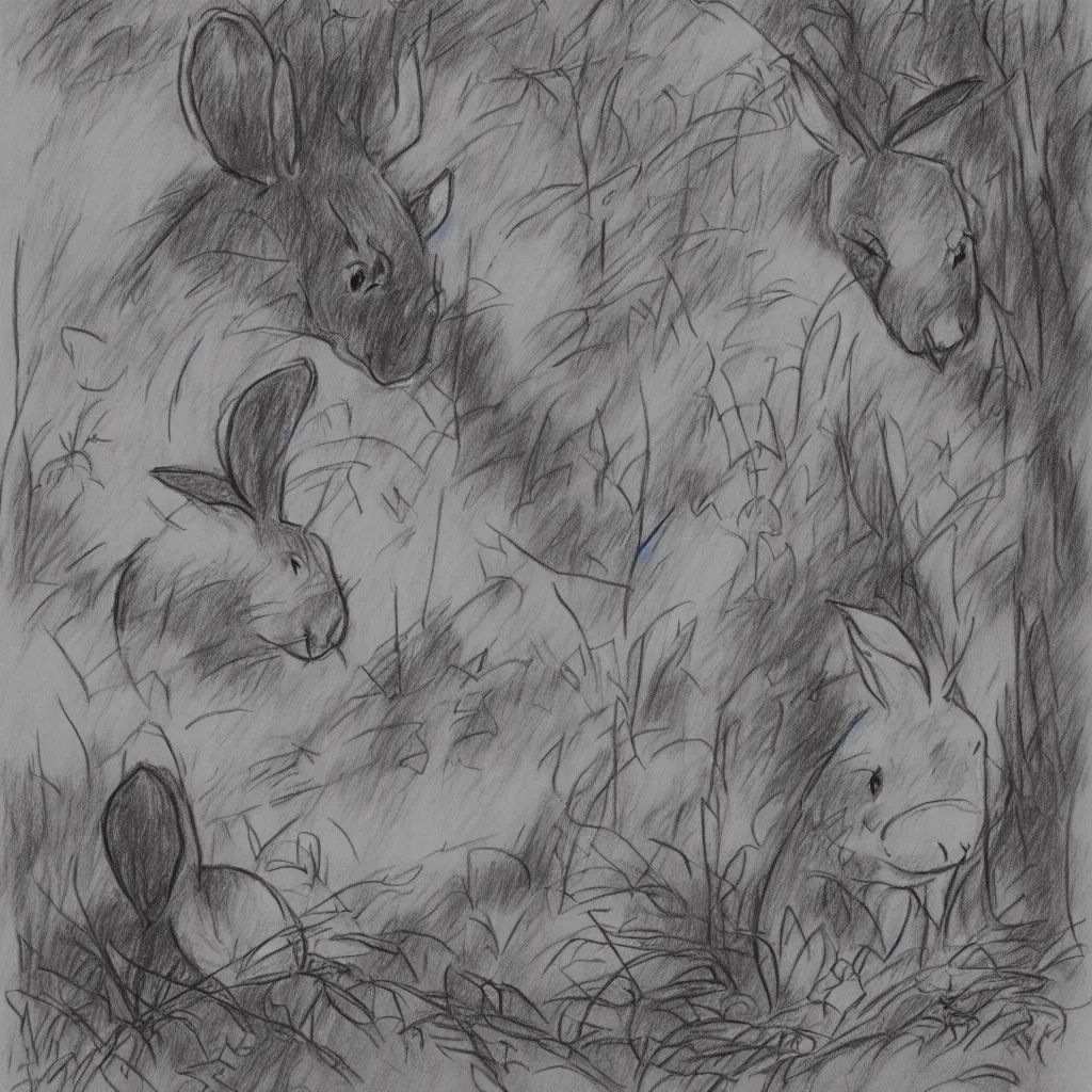 Image similar to milt kahl pencil sketch of a rabbit in the forest facing away disney style