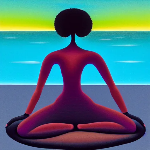 Image similar to a black woman meditating on a black sand beach at sunset, bioluminescent plankton by justin bua and evgeni gordiets and amanda sage in a surreal style, oil on canvas