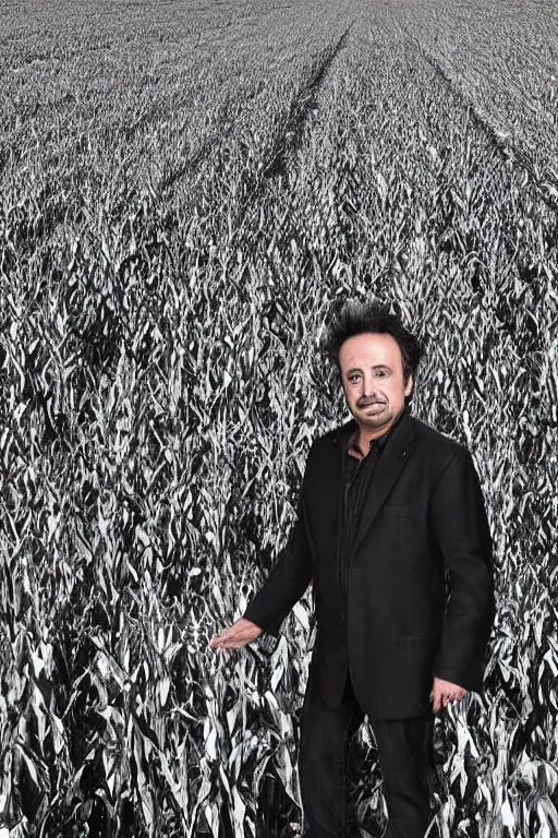 Image similar to Giorgio A. Tsoukalos, abducted by an alien space ship in a corn field