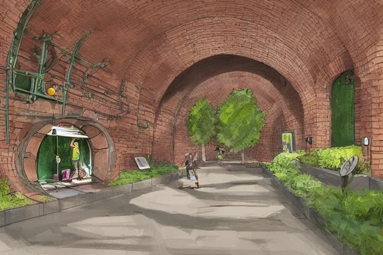 Prompt: Pixar concept art of underground water sewer tunnels with gym equipment, railing along the canal, brick walls, arches, detailed architecture, brass pipes on the walls, a slight green glow emanates from the water, artificial warm lighting, a variety of vivid materials