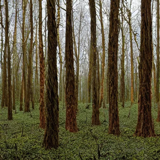 Prompt: spiral trees in a dense forest by damien hirst