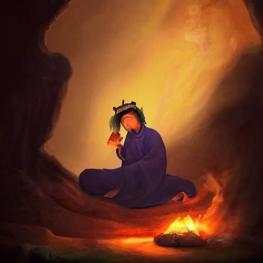 Image similar to A Taoist sitting by a fire in a cave conjuring a smoke dragon, soft colours with a dramatic lighting,