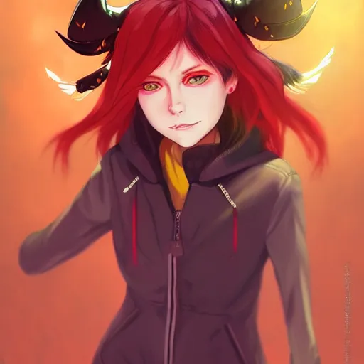 Prompt: a pale redheaded demoness with yellow eyes and horns wearing a jacket, galaxy background, highly detailed, digital painting, artstation, matte, by makoto shinkai, animation style, studio ghibli