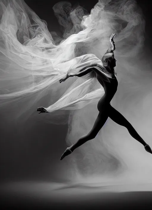 Image similar to a Photorealistic dramatic hyperrealistic render of a glamorous beautiful Female smoke dancer by Ken Brower and Deborah Ory of NYC Dance project,Lois Greenfield,Flowing cloth and smoke,Beautiful dynamic dramatic dark moody lighting,volumetric,shadows,cinematic atmosphere,Octane render,8K