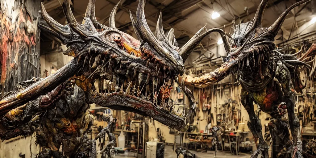 Image similar to photo taken of an epic intricate, ultra detailed, super realistic gritty, hero prop, exquisitely painted animatronic movie prop of a grotesque nightmarish hellish alien creature displayed in the workshop, created by weta workshop, full body shot, photorealistic, sharp focus