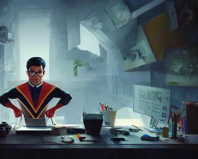 Image similar to an insanely detailed painting of a nerdy asian man wearing a superhero costume, sitting at a desk, staring at the nervously at the computer and typing, in the style of peter mohrbacher, dramatic lighting and composition, surreal background, octane render, pixar, trending on artstation, concept art, comic book, view from behind