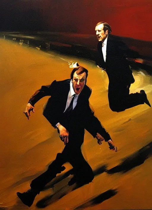 Prompt: saul goodman running, screaming, painting by phil hale, fransico goya, david lynch,'action lines '!!!, graphic style, visible brushstrokes, motion blur, blurry
