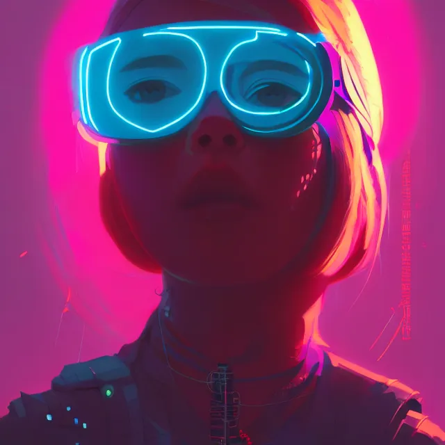 Prompt: a beautiful painting of a cyberpunk blindfolded girl by sachin teng and pascal blanche and ralph mcquarrie and greg rutkowski. in style of conceptual art. colorful comic, ( film noirs ), ( brush stroke ), vibrating colors, hyper detailed. 4 k texture. octane render. trending on artstation