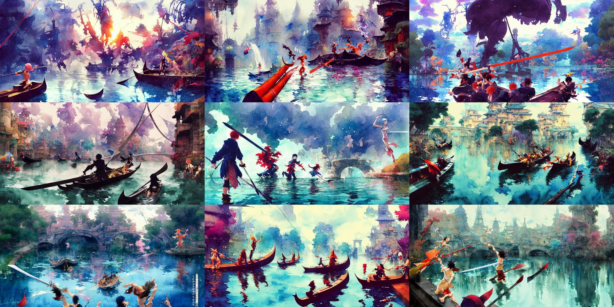 Prompt: anime movie scene, characters, waterway, action photography, gondola boat, sword fight, splash, amazing composition, colorful watercolor, reflections, by ruan jia, by maxfield parrish, by koji morimoto, by hikari shimoda, by sparth, by bumskee, illustration, gloomy