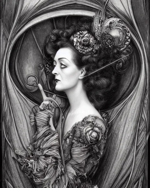 Prompt: in the style of beautiful bette davis, steampunk, detailed and intricate by jean delville, gustave dore and marco mazzoni, art nouveau, symbolist, visionary, gothic, pre - raphaelite colorful