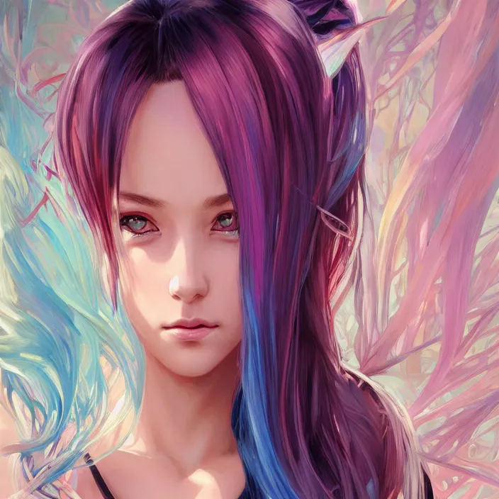 Image similar to portrait of beautiful symmetrical anime girl, rainbow hair, attractive, casual, modern, victoria's secret, highly detailed, digital painting, artstation, concept art, smooth, sharp focus, illustration, art by artgerm, greg rutkowski and alphonse mucha, 8 k,