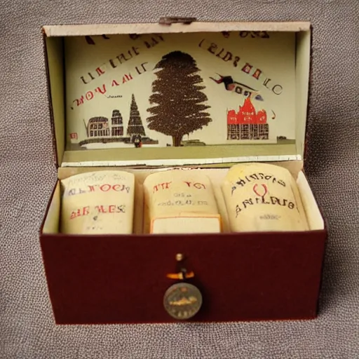 Prompt: vintage craft paper gift box for men, old school, wes anderson style, sealed with old wax