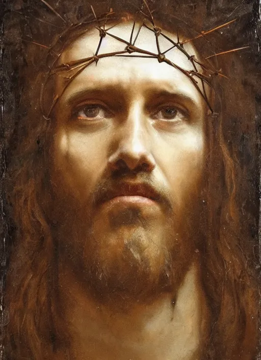 Prompt: portrait of jesus christ wearing a crown of thorns, by nicola samori, painting, 8 k, high detail