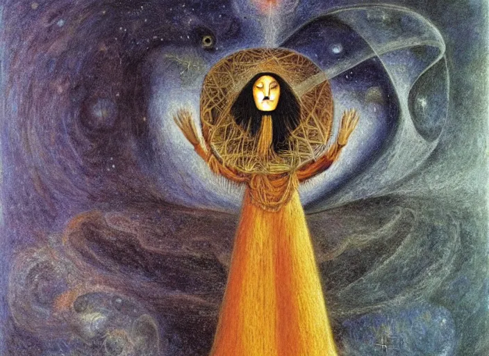 Prompt: a shaman!! woman holding up the cosmic!! universe, by remedios varo, reflection, symbolist, pastel colors, dramatic lighting, smooth, sharp focus, extremely detailed, aesthetically pleasing composition