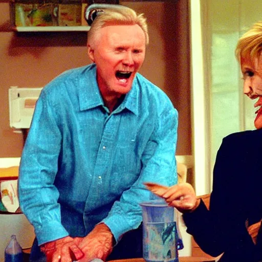 Image similar to john voight pranking jane lynch, green slime bucket, throwing slime at her, jane lunch is furious, steam coming out her ears, john voight is giddy, ps 2 graphics, water colour style