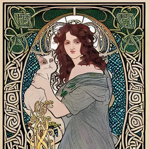 Prompt: lady with long curly hair with a cat beside her, celtic spread tarot cards on a table in front of her, elegant face, in a gypsy tent with Alphonse Mucha art nouveau poster style, with thin lines and pastel colors,