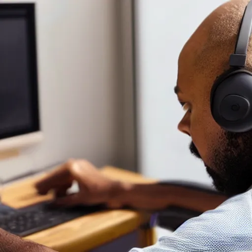 Image similar to a bald black man playing on pc with headphones