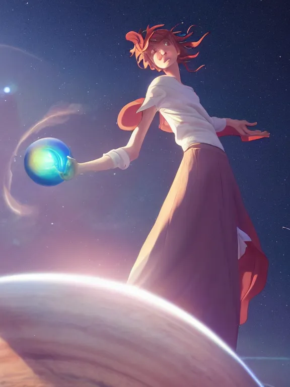 Prompt: one single godly, wise, powerful giant girl wearing a skirt in space holding a model of a Saturn in her left hand. Soft lighting, cosmic skies, stunning, 8K, no planets, octane render. By Makoto Shinkai, Stanley Artgerm Lau, WLOP, Rossdraws, James Jean, Andrei Riabovitchev, Marc Simonetti, krenz cushart, Sakimichan, D&D trending on ArtStation, digital art.