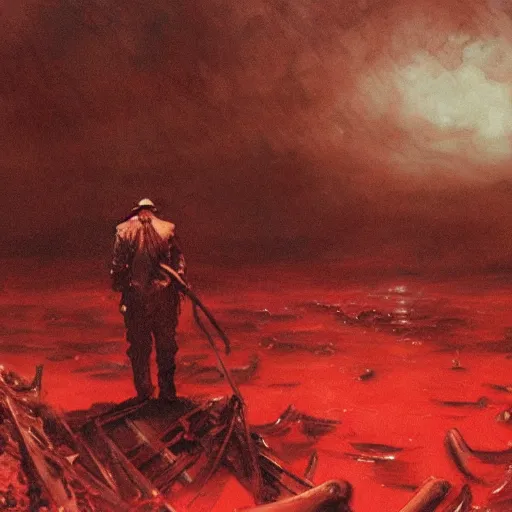 Prompt: a man in old - fashioned attire seen from behind making his way waist - deep in an infinite sea of crimson blood. many human corpses floating face down in the red liquid. pitch black empty sky. masterpiece painting by bernie wrightson and antoine blanchard