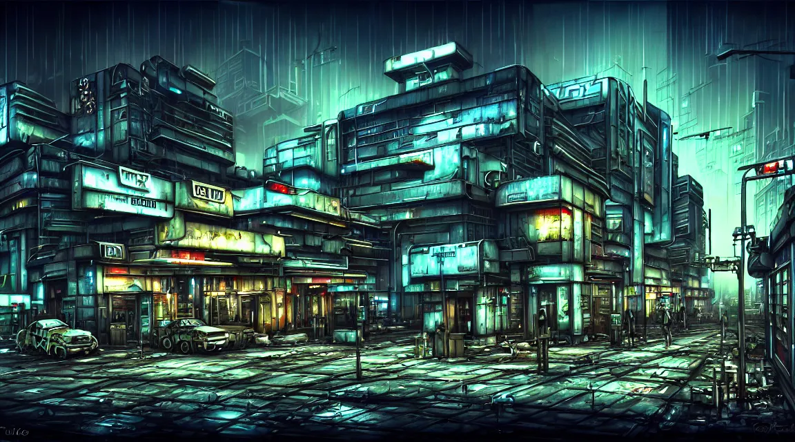 Image similar to post apocalyptic cyberpunk police station, building, avenue, urban architecture, americana architecture, concrete architecture, cloudy sky, paved roads, by guido borelli, by boris vallejo trending on artstation, photorealistic, wild vegetation, utopian, futuristic, blade runner, vivid colors scheme, neon signs, sharp, clear, focus