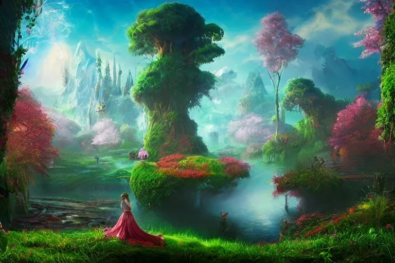 Image similar to Landscape of a beautiful enchanted fantasy world. Colorful. Cinematic lighting. Photorealism.