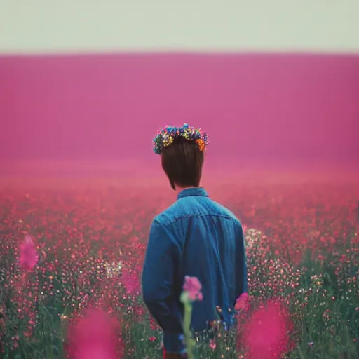 Prompt: kodak portra 4 0 0 photograph of a skinny guy standing in field of flowers, flower crown, back view, moody lighting, moody vibe, telephoto, 9 0 s vibe, blurry background, vaporwave colors, faded!,