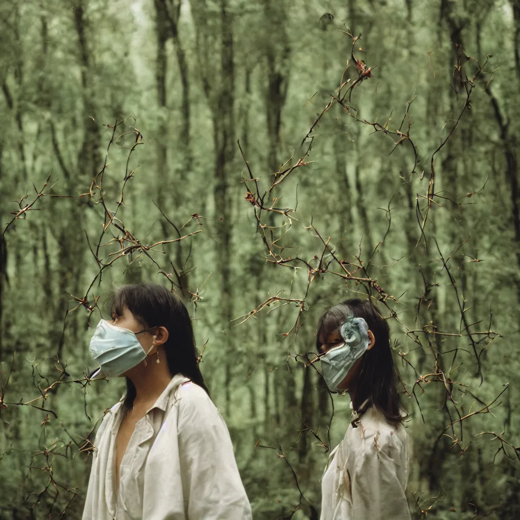 Prompt: woman with mask made of clouds and thorns, standing in a forest, Kodak vision3 500t,