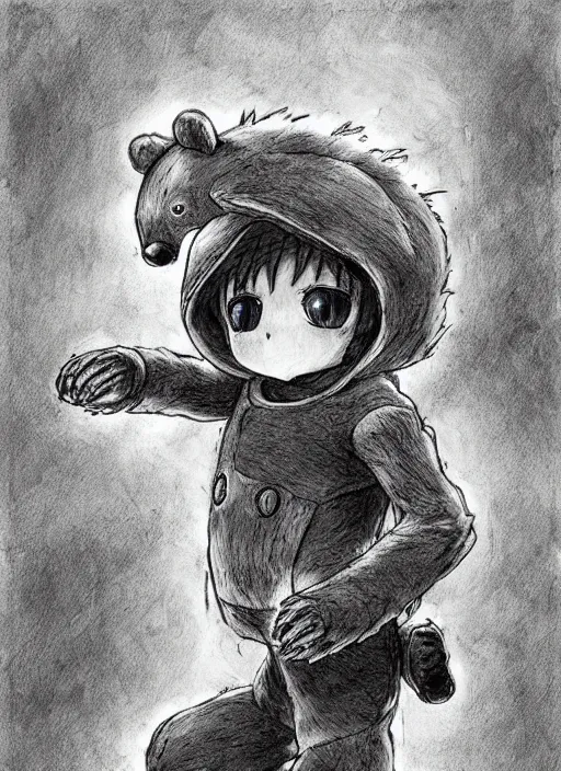 Image similar to beautiful little boy wearing an cyborg bear suit, artwork in kentaro miura and made in abyss and rosdraws, smooth, beautiful lightness, anatomically correct, trending on pixiv, forest