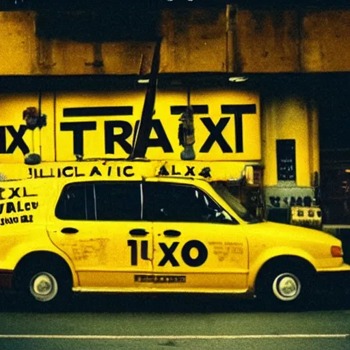 Image similar to movie still of a lone banana on the front seat of a taxi cab, cinematic Eastman 5384 film