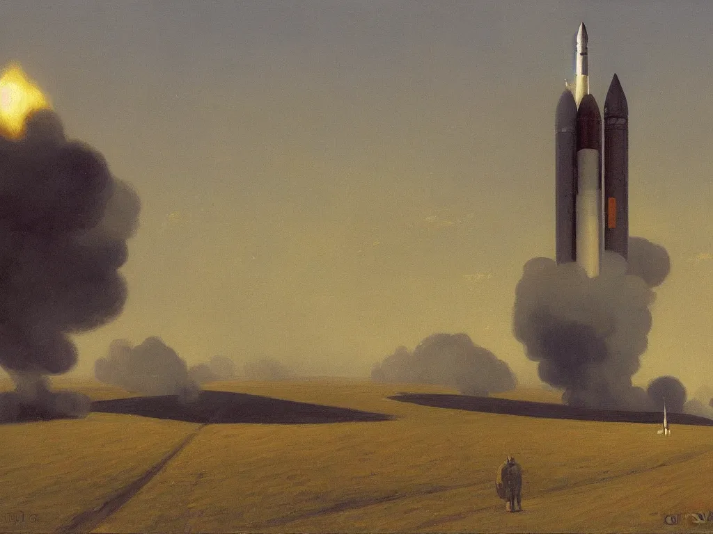 Image similar to a _ painting _ of _ a _ scifi _ rocket _ by _ peter _ ilsted