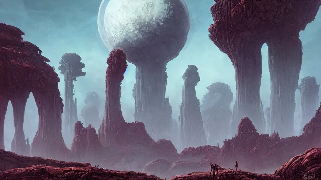 Image similar to eerie atmospheric alien planet with biomechanical plants and the ruins of civilization by les edwards and vincent di fate and anato finnstark, epic cinematic matte painting