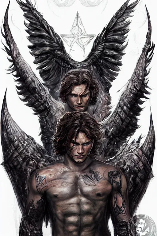 Image similar to front portrait of attractive sam winchester as a muscular warrior angel with demon wings wide open, teared apart t - shirt whole body tattooed with runes and satanic symbols, d & d!, fantasy style, sharp focus!, ultra detailed, art by artgerm and peter andrew jones, wlop